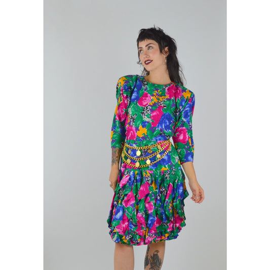 1990s Small Floral Dress – Vintage Preppy Drop Waist Ruffle Skirt Multicolor Green Bold Abstract Floral Pattern Shoulder Pads Midi Dress