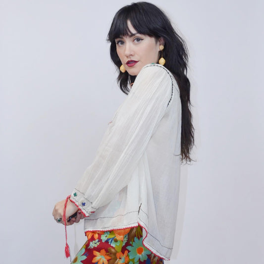 1960s Medium Cotton Blouse – Vintage Hippie Gauzy Embroidered Trim Laurel Valley Peasant Top