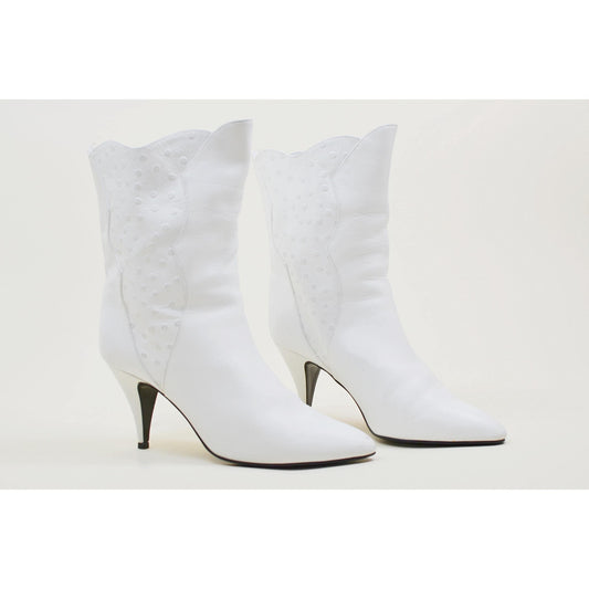 1980s 10W Boots - Vintage Punk White Leather Go-Go Heeled Ankle Boots