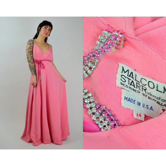 1970s Medium MALCOM STARR Pink Maxi Dress Vintage Bold Pink Formal Dress 70s Full Skirt Designer Gown