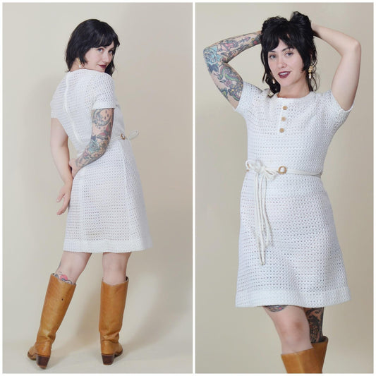 1960s Small Shift Dress - Vintage Open Weave Mini White Crochet Short Sleeve Dress