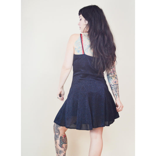 1990s Small BETSEY JOHNSON Mini Dress – Vintage Black Sparkly Glitter Party NYE Fit-and-Flare Dress