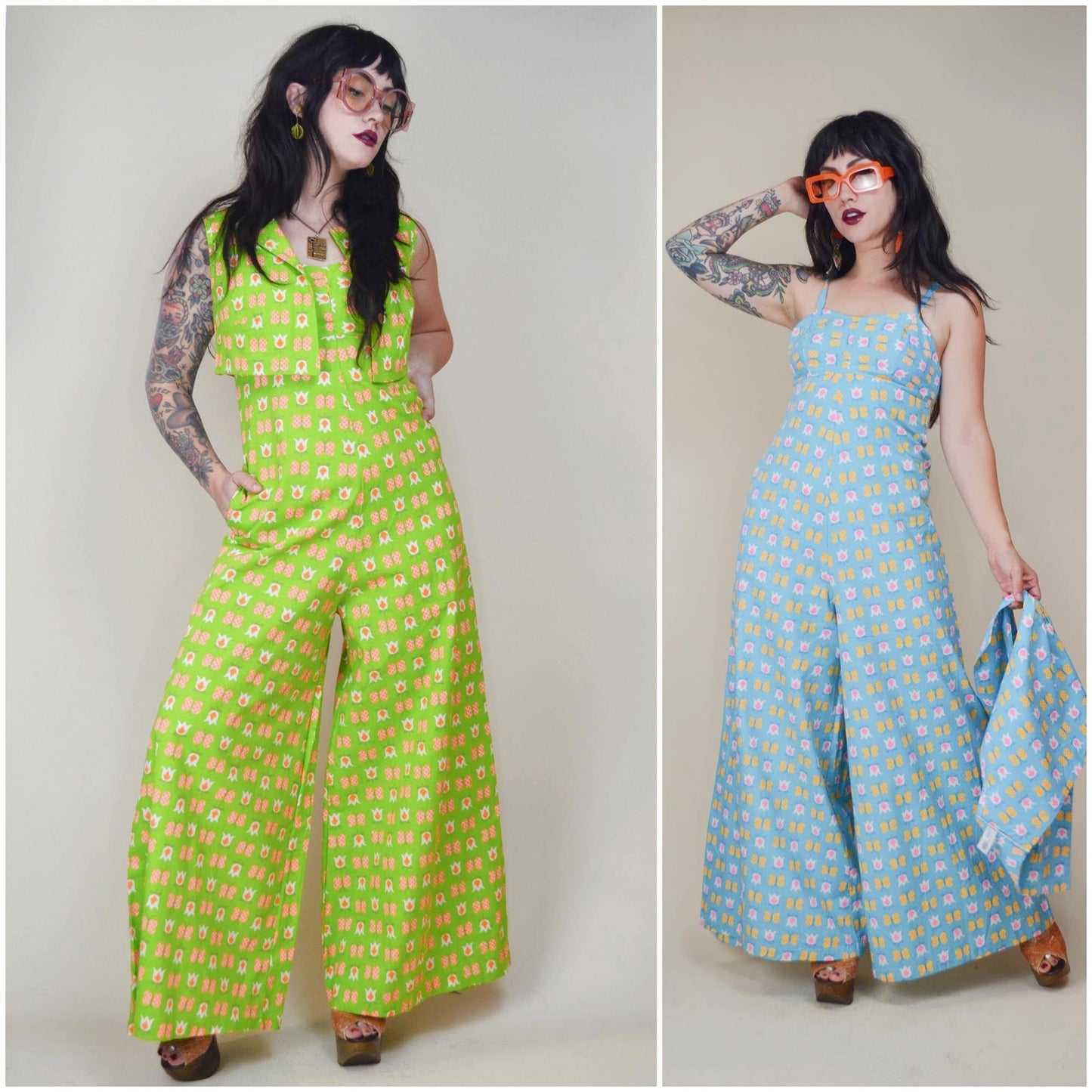 1960s Medium Jumpsuit Set - Vintage Baby Blue Ditsy Floral Cotton Wide Leg Pants with Matching Cropped Vest