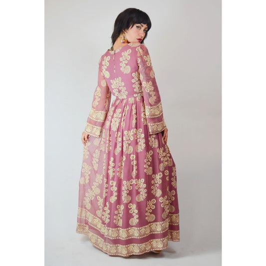 1970s Small Dalani Floral Gown – Vintage Saks Fifth Avenue Mauve Sheer Bell Sleeves Cream Embroidery Maxi Dress for Indian Wedding / Sangeet