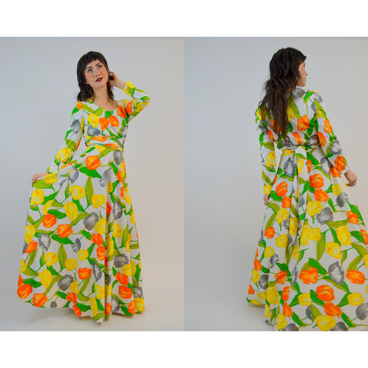 1970s Small Maxi Dress – Vintage Designer ROBERT COURTNEY Floral Tulip Print Yellow Orange Green Spring Garden Party Gown