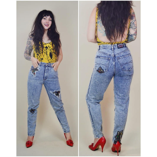 1980s 26 Waist Jeans – Vintage Acid Wash Studded High Waist Denim Rocker Punk Pants