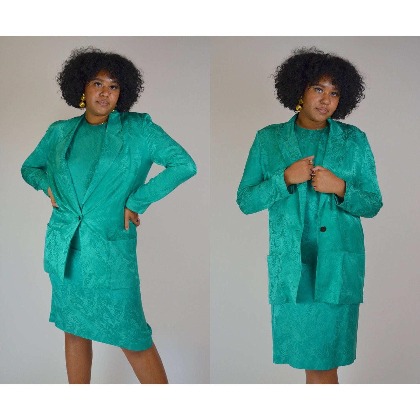 1980s Medium Two Piece Silk Set - Vintage Business Casual Bold Officewear Floral Teal Turqoise Short-Sleeve Dress + Matching Blazer