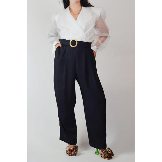 1980s Medium Jumpsuit – Vintage Black and White Dramatic Puff Sleeve Sheer Blouse High Waisted Trousers Jumpsuit