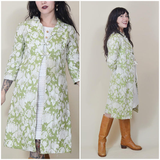 1960s XS Petite Coat – Vintage Matcha Green White Floral Brocade Overcoat Jacket