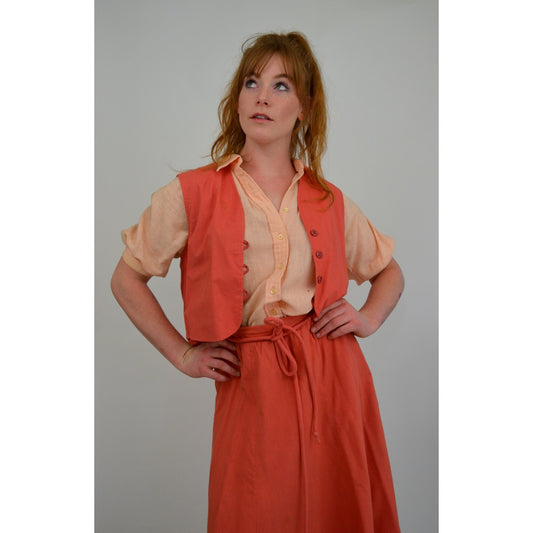 1960s Small 3-Piece Set Skirt Vest and Blouse - Vintage Puff Sleeve Blouse with Cropped Button-up Vest and Paperbag Waist Skirt Dress Set