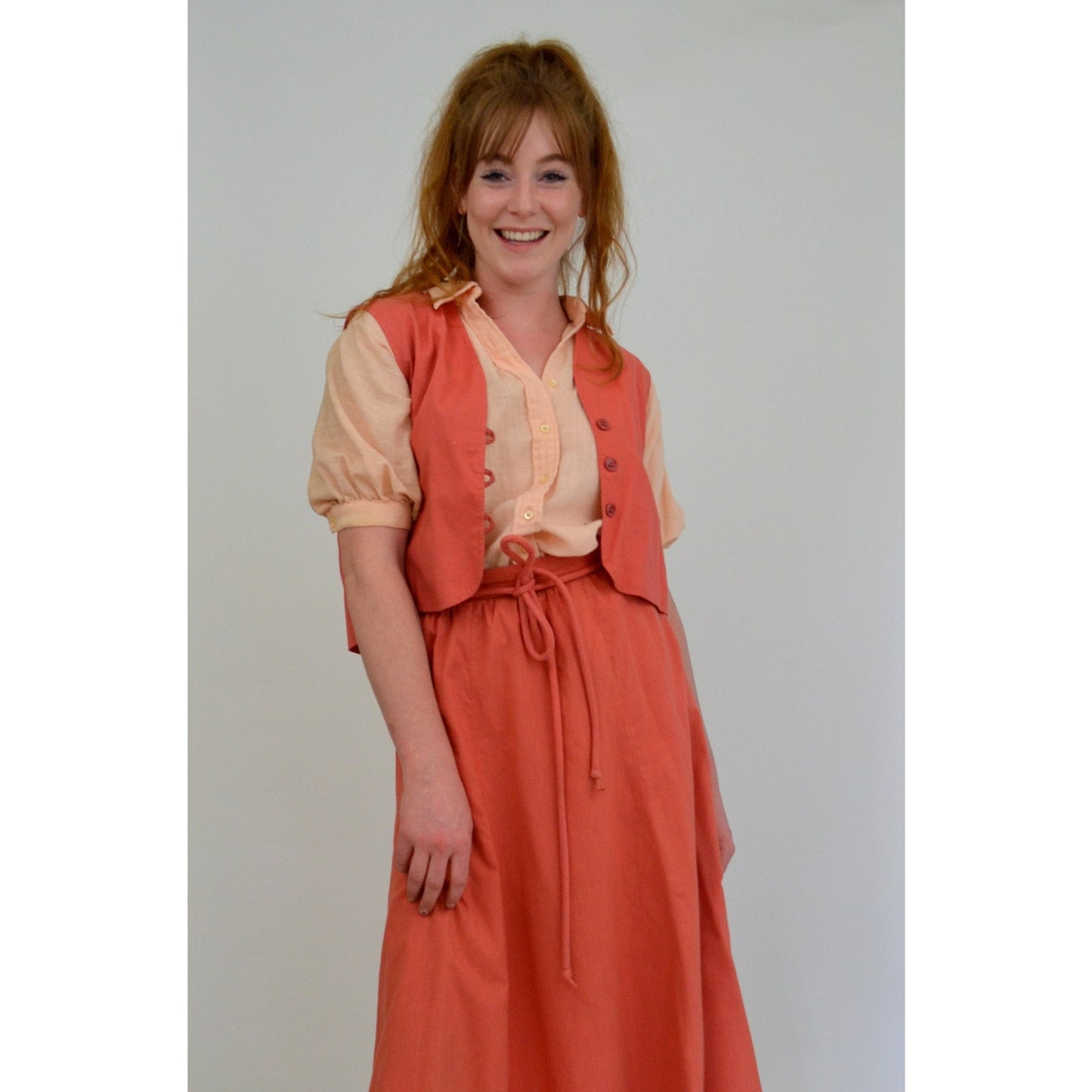 1960s Small 3-Piece Set Skirt Vest and Blouse - Vintage Puff Sleeve Blouse with Cropped Button-up Vest and Paperbag Waist Skirt Dress Set