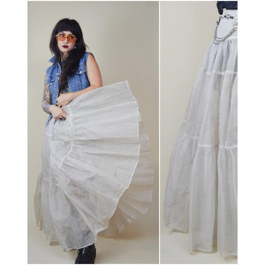 1950s Medium FRED PERLBERG Crinoline Maxi Skirt – Vintage White Statement Sheer Tiered Full Long Skirt