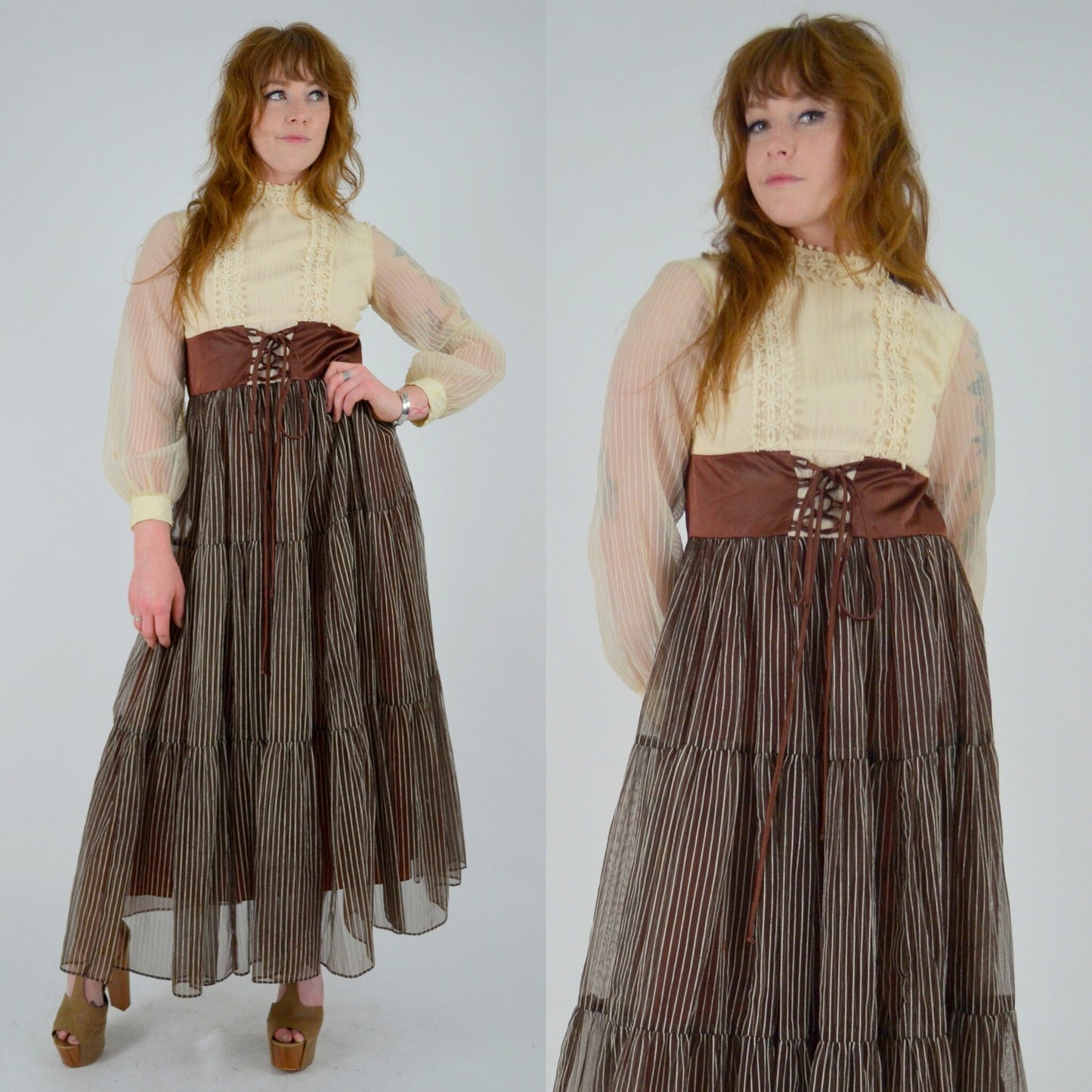 1960s XS Maxi Dress – Vintage Boho Hippie Butter Yellow Lace Bodice with Brown Striped Tiered Maxi Skirt + Laceup Brown Belt