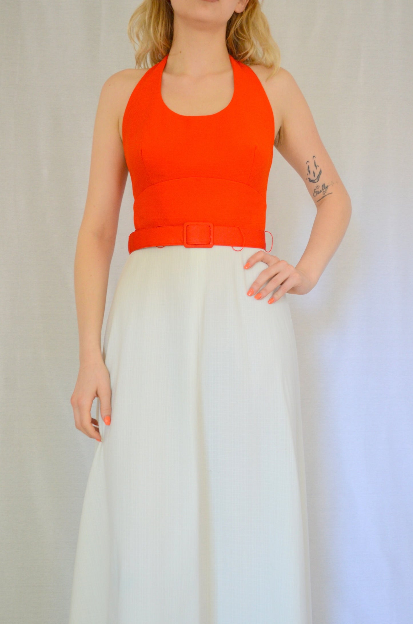 1970s | Small | Halter Dress Vintage Orange and White Sundress 70s Summer Maxi