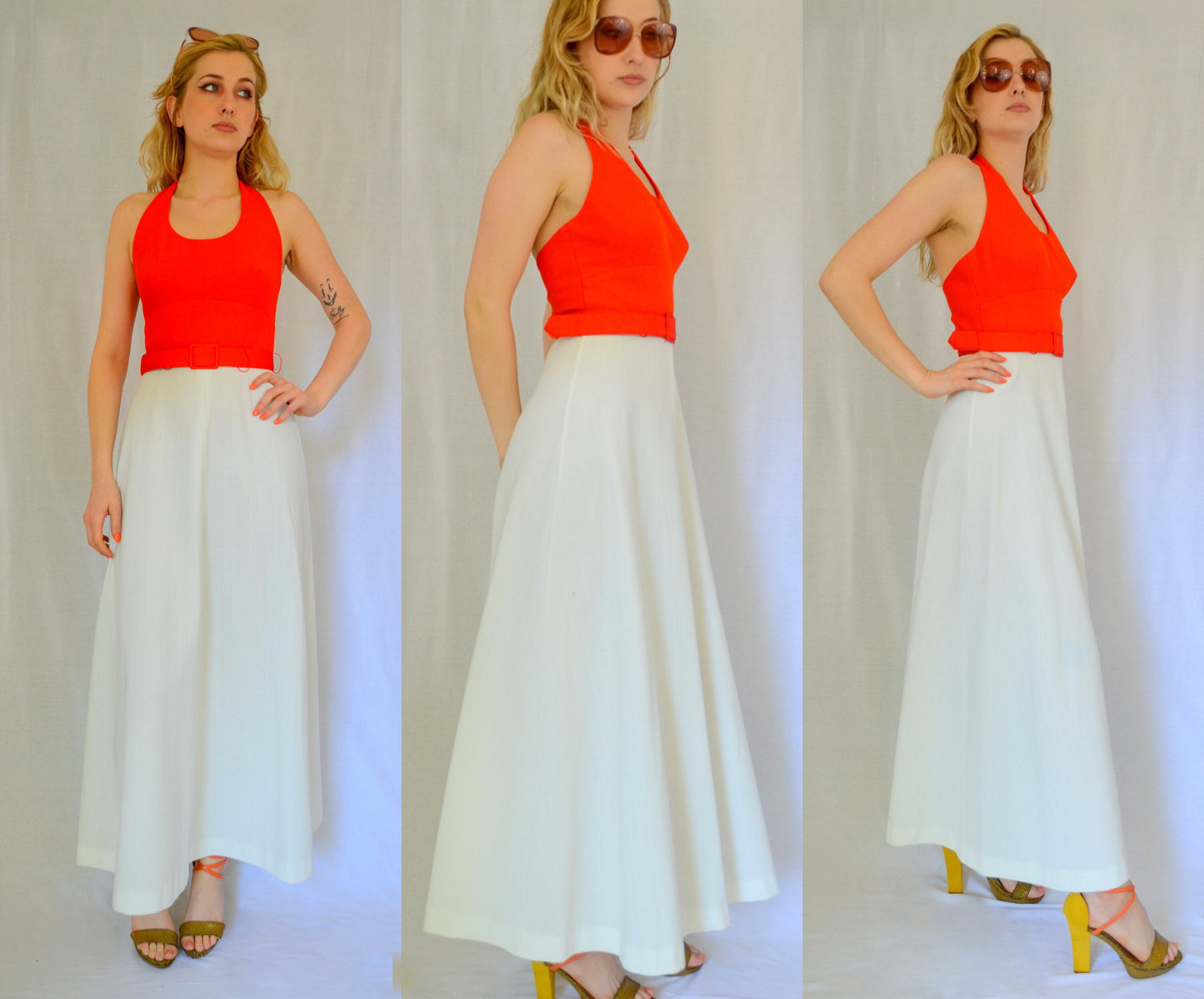 1970s | Small | Halter Dress Vintage Orange and White Sundress 70s Summer Maxi