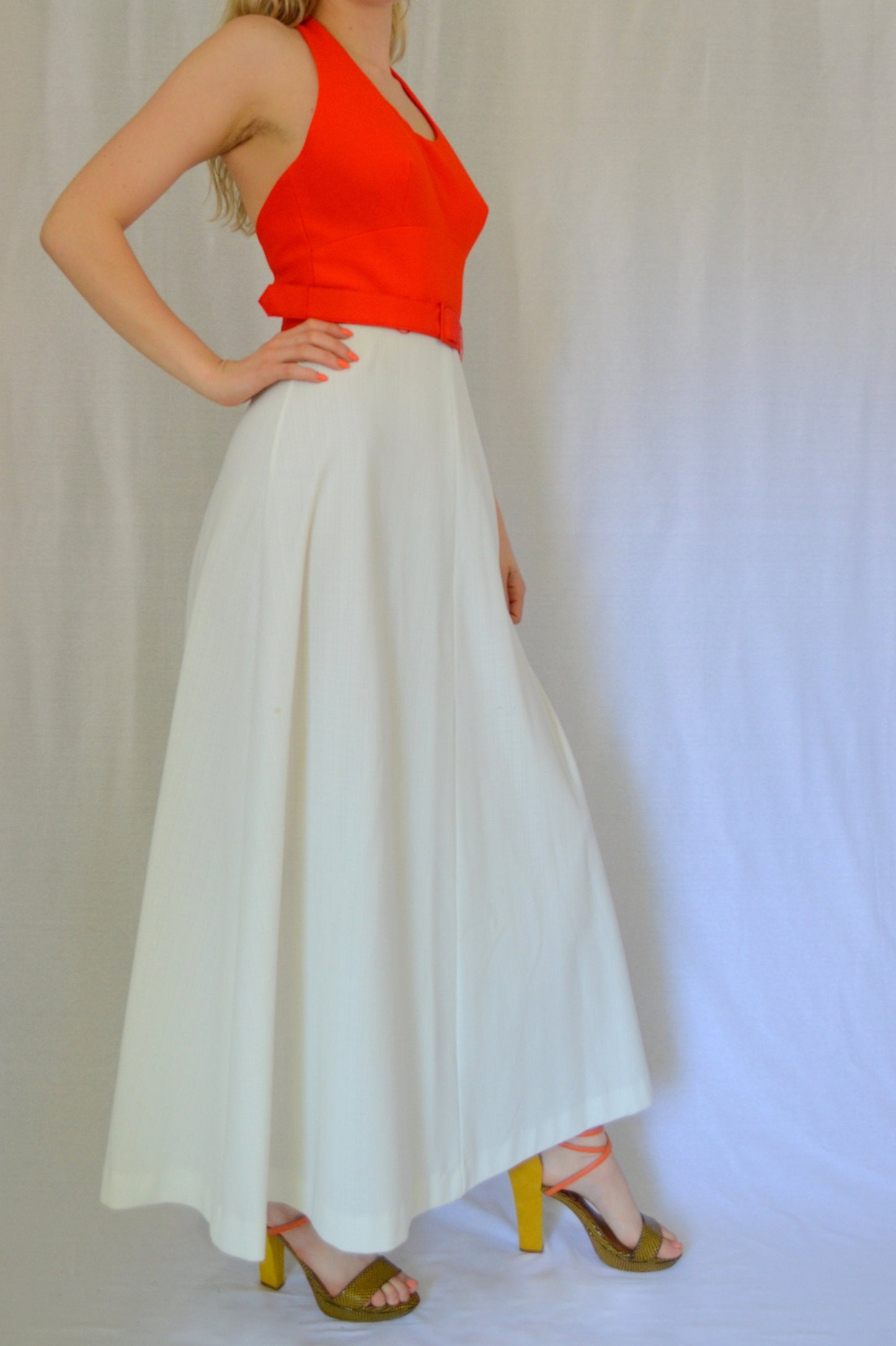 1970s | Small | Halter Dress Vintage Orange and White Sundress 70s Summer Maxi