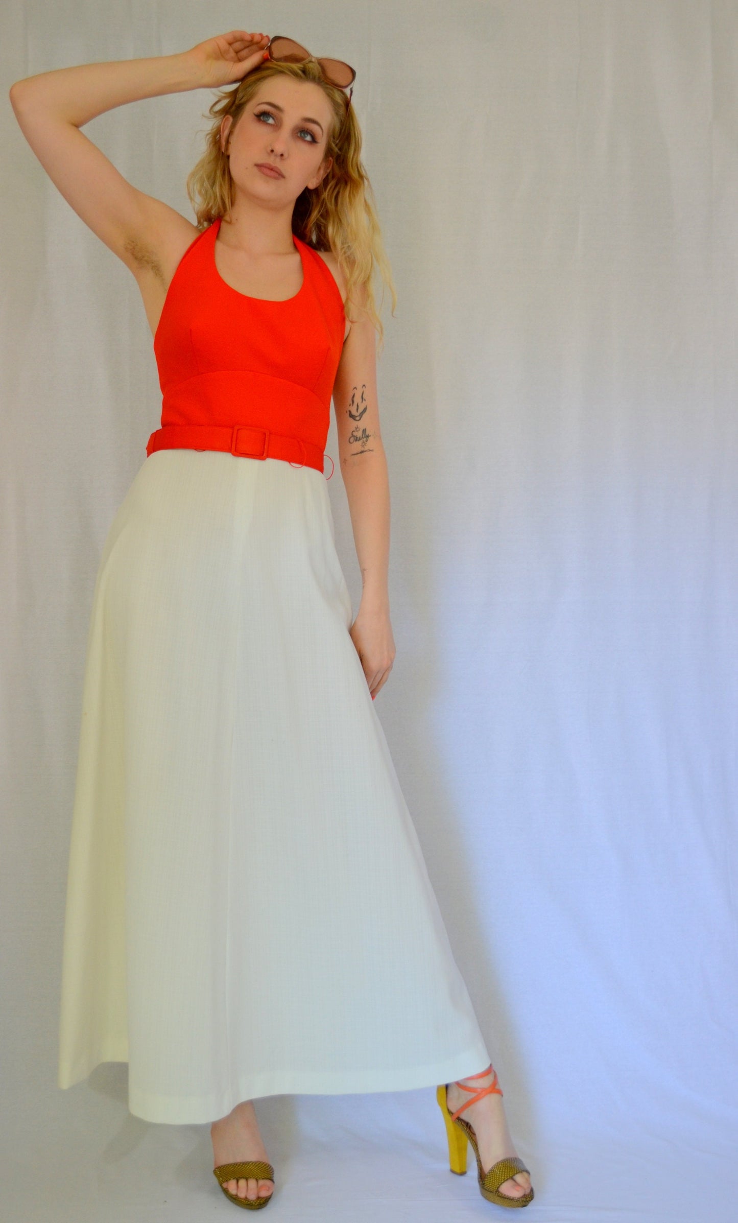 1970s | Small | Halter Dress Vintage Orange and White Sundress 70s Summer Maxi