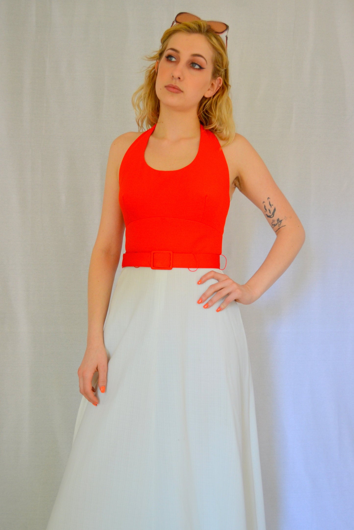 1970s | Small | Halter Dress Vintage Orange and White Sundress 70s Summer Maxi
