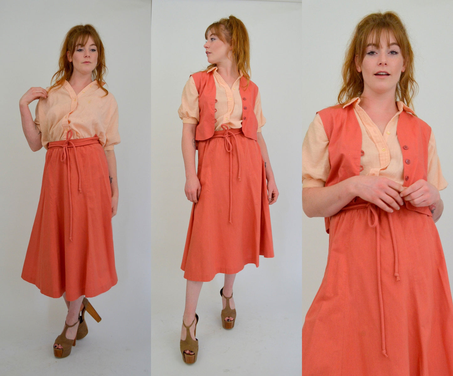 Small 1960s Dress Set Vintage 60s Boho 3 Piece Set Summer Outfit Skirt Vest and Blouse