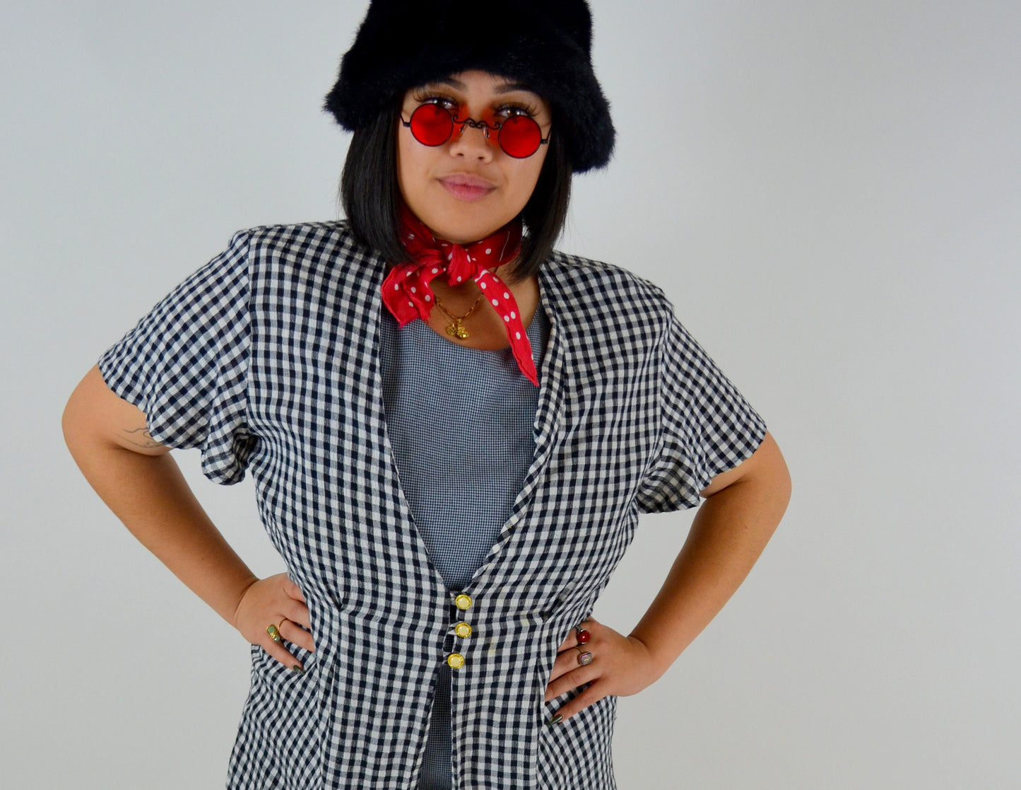 Plaid Mini Dress LARGE Vintage Black and White Checkered Mini 1990s Sundress