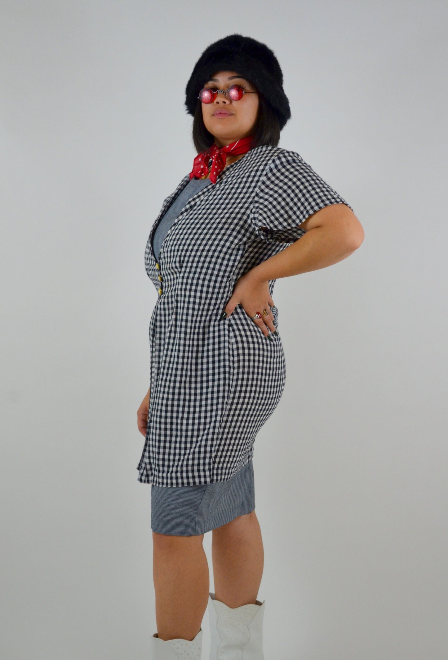 Plaid Mini Dress LARGE Vintage Black and White Checkered Mini 1990s Sundress