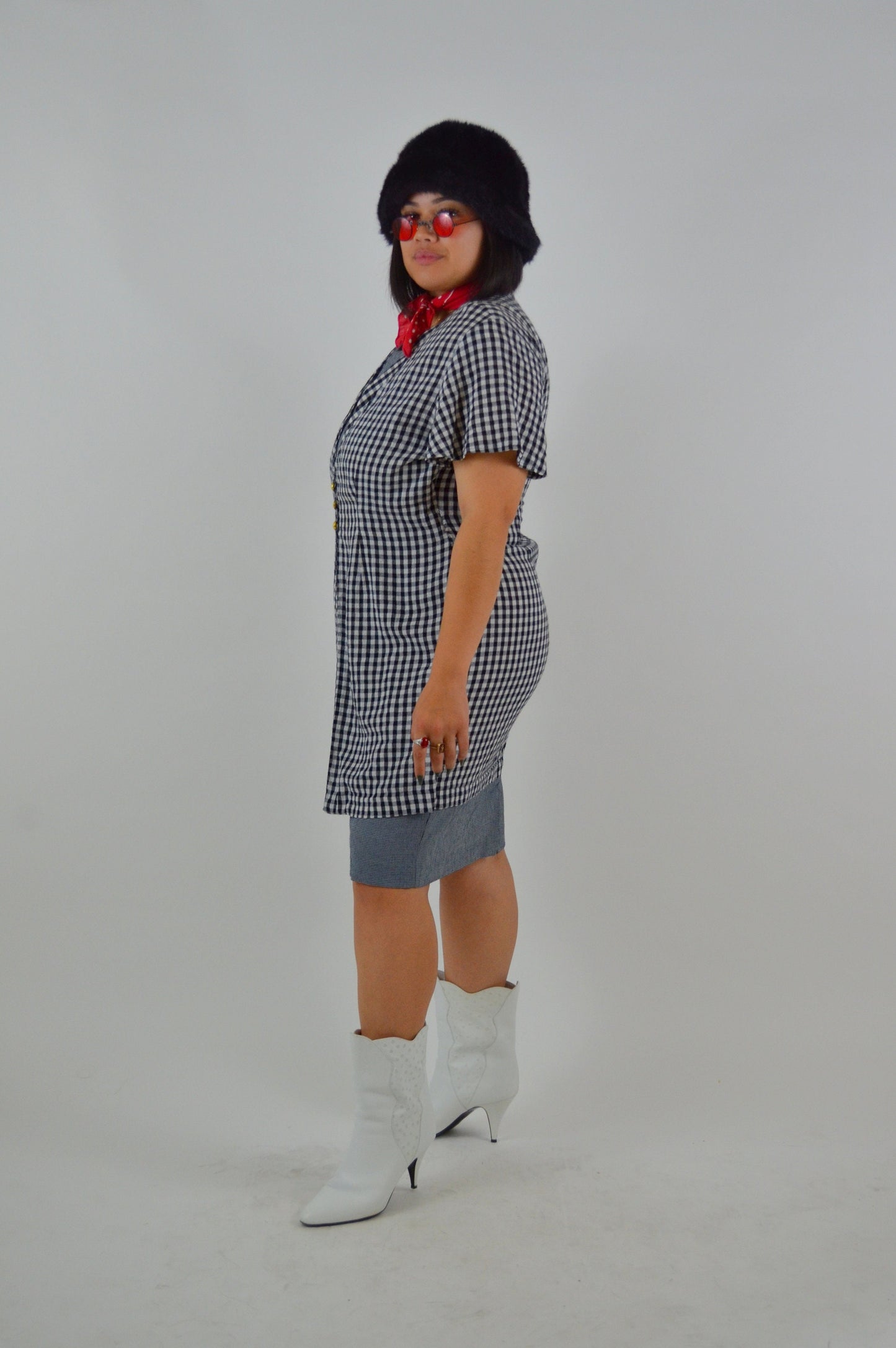 Plaid Mini Dress LARGE Vintage Black and White Checkered Mini 1990s Sundress