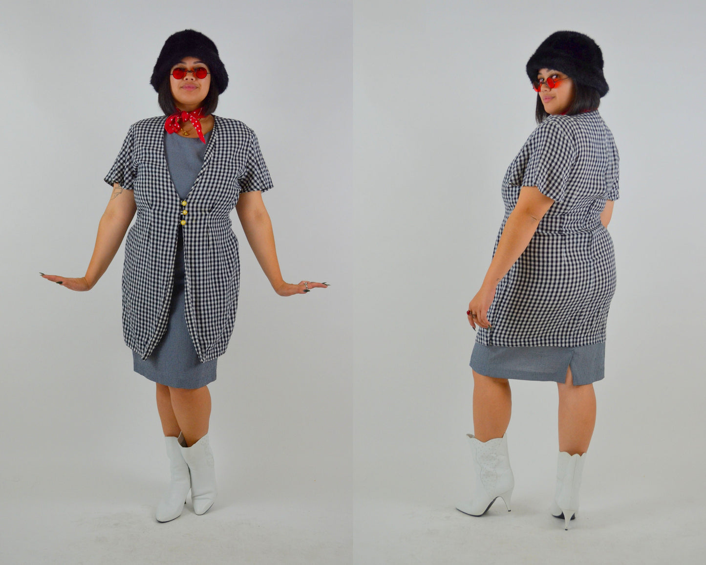 Plaid Mini Dress LARGE Vintage Black and White Checkered Mini 1990s Sundress