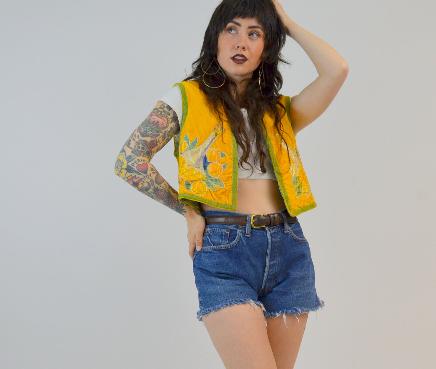 SMALL 1900s LEOPOLD VERCH Velvet Vest Vintage Appliqued Top 30s Yellow Floral Cropped Vest