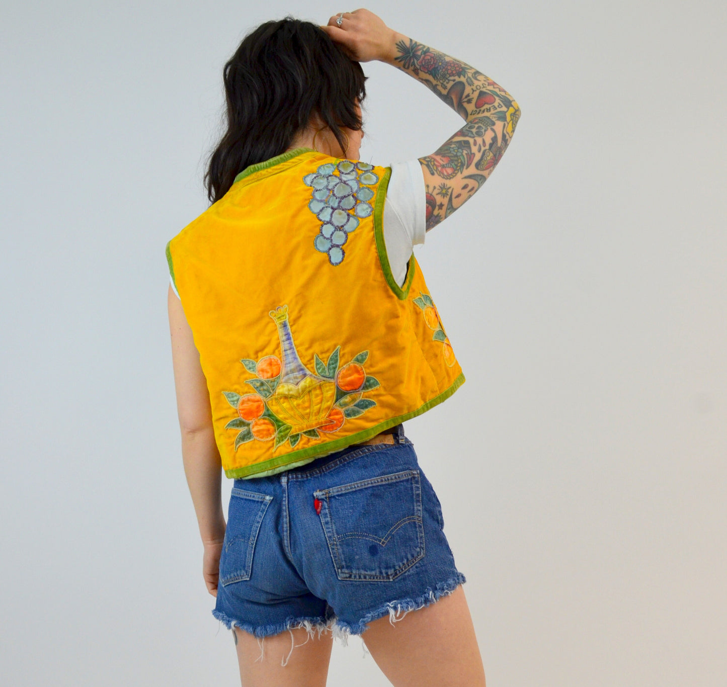 SMALL 1900s LEOPOLD VERCH Velvet Vest Vintage Appliqued Top 30s Yellow Floral Cropped Vest