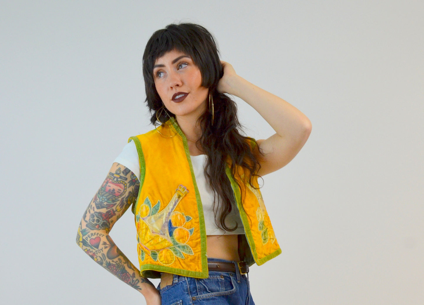 SMALL 1900s LEOPOLD VERCH Velvet Vest Vintage Appliqued Top 30s Yellow Floral Cropped Vest