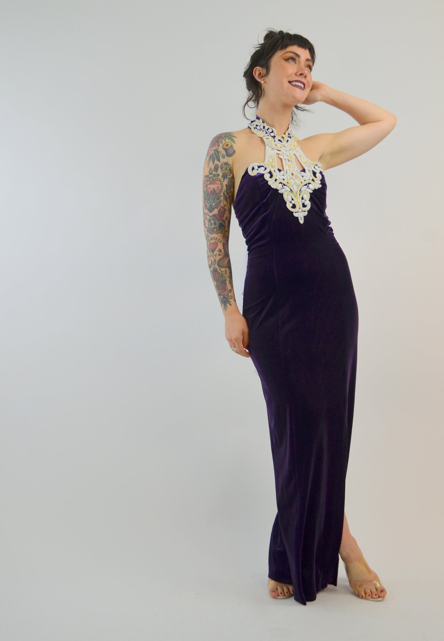 SMALL 1990s Velvet Maxi Dress Vintage Halter Dress 90s Prom Dress Fitted Purple Velvet