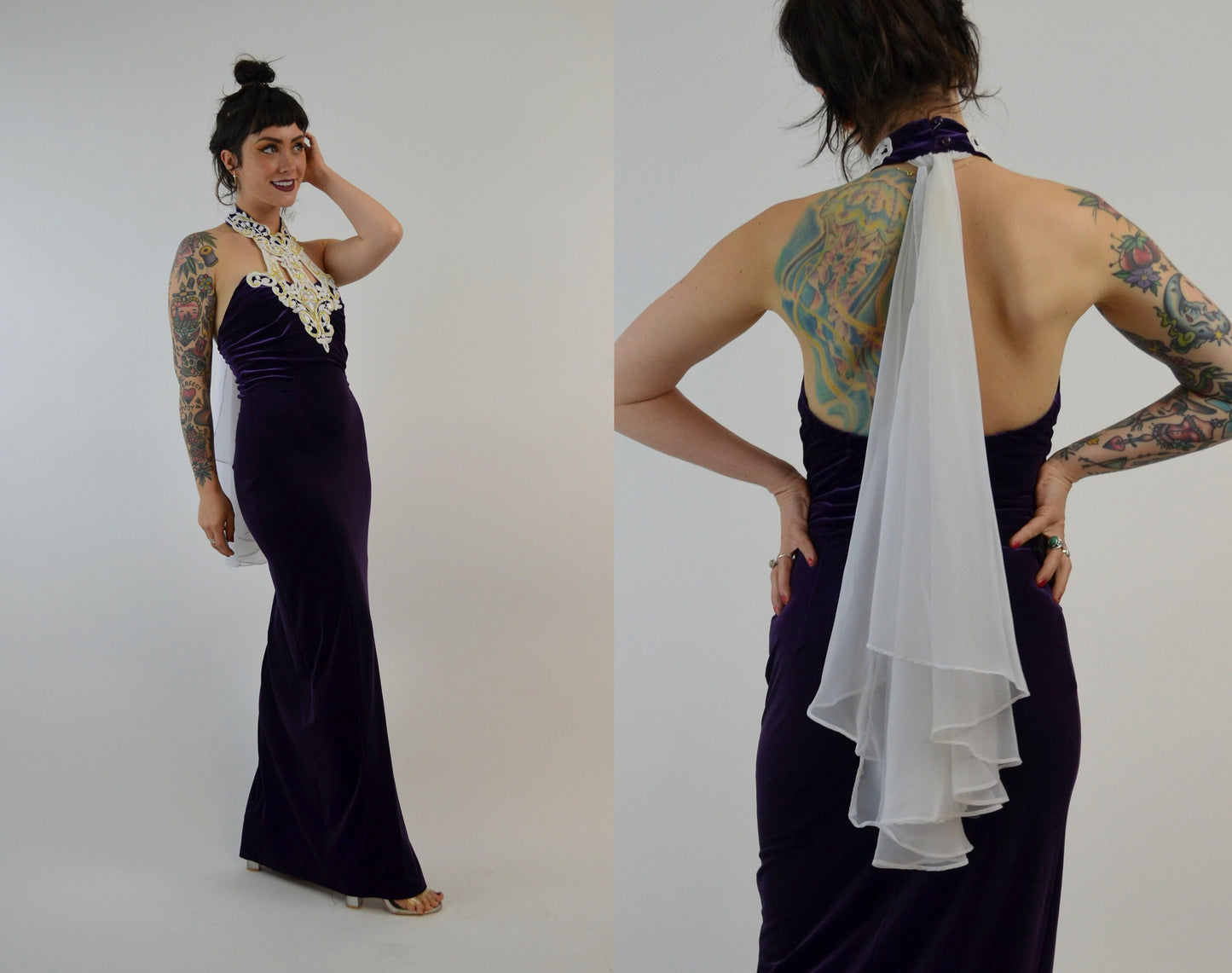 SMALL 1990s Velvet Maxi Dress Vintage Halter Dress 90s Prom Dress Fitted Purple Velvet