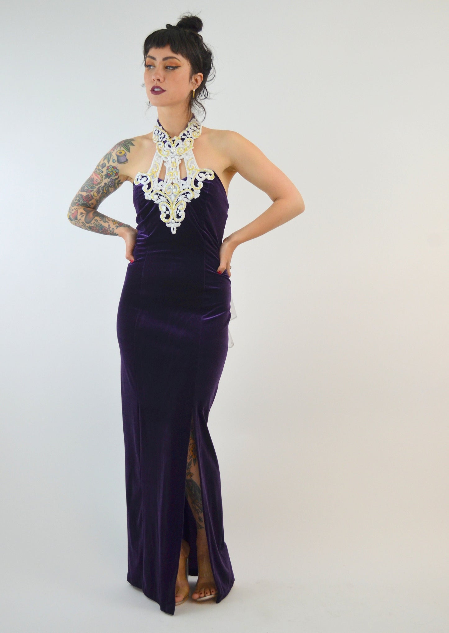 SMALL 1990s Velvet Maxi Dress Vintage Halter Dress 90s Prom Dress Fitted Purple Velvet