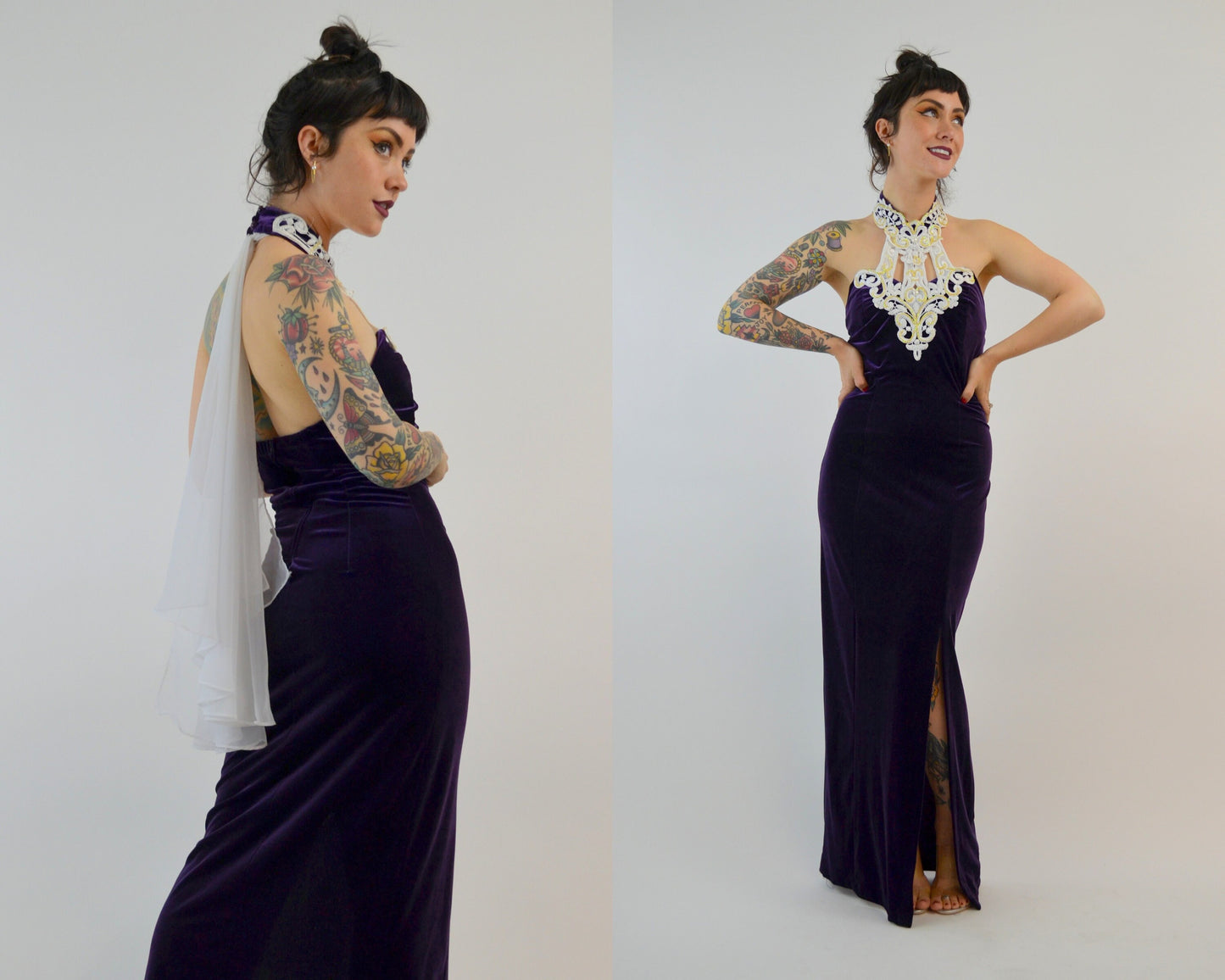SMALL 1990s Velvet Maxi Dress Vintage Halter Dress 90s Prom Dress Fitted Purple Velvet
