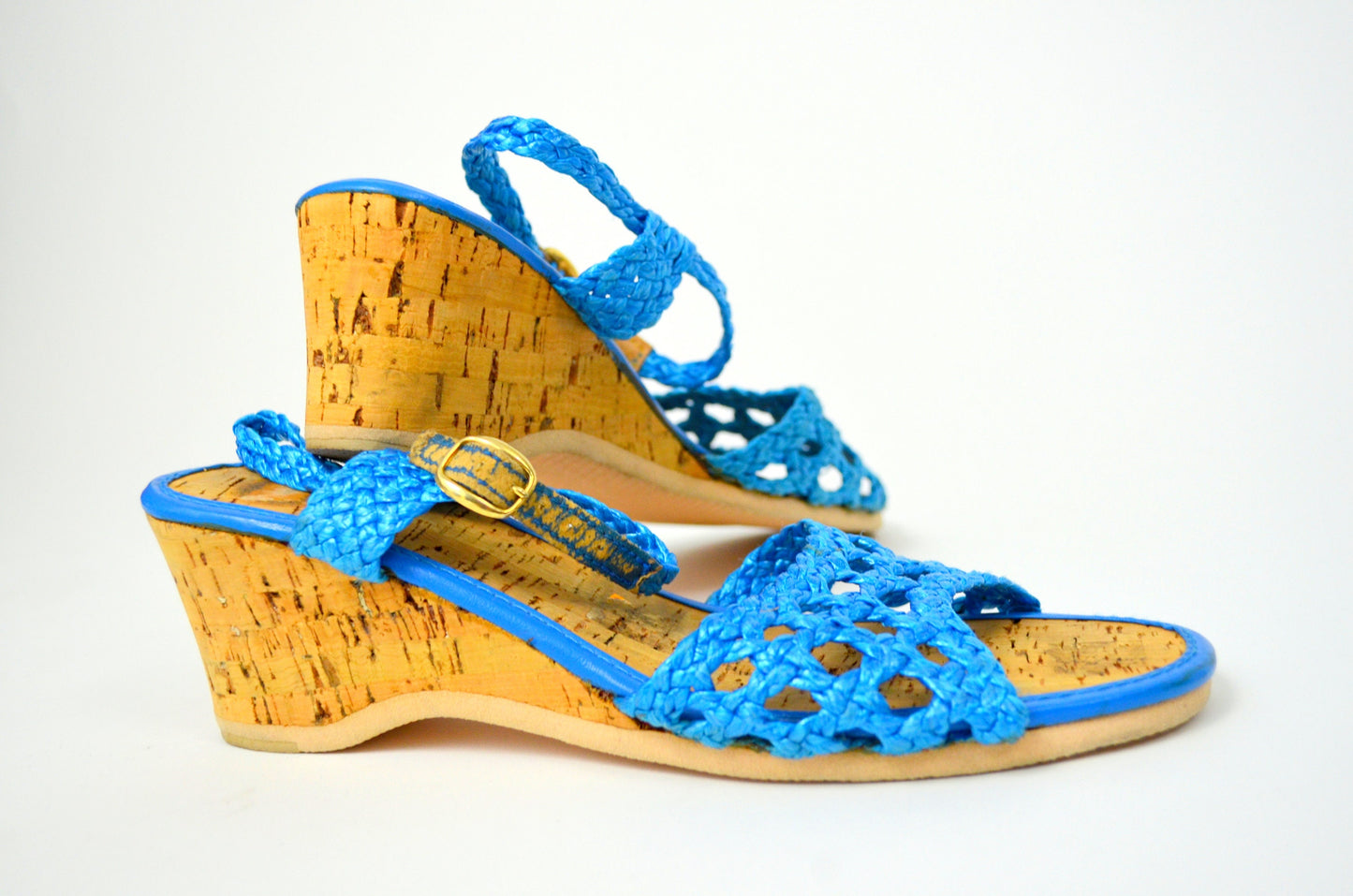 size 8 Vtg 1970s Espadrilles Vintage Blue Wedge Sandals 70s Peep toe Cork Heels