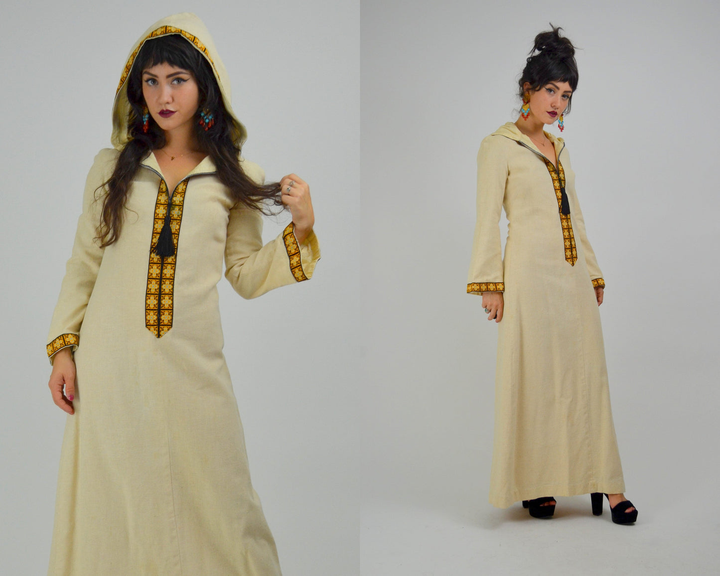XS 1970s Hooded Dress Vintage Natural Canvas Cotton 70s Bell Sleeve Bohemian Maxi Dress