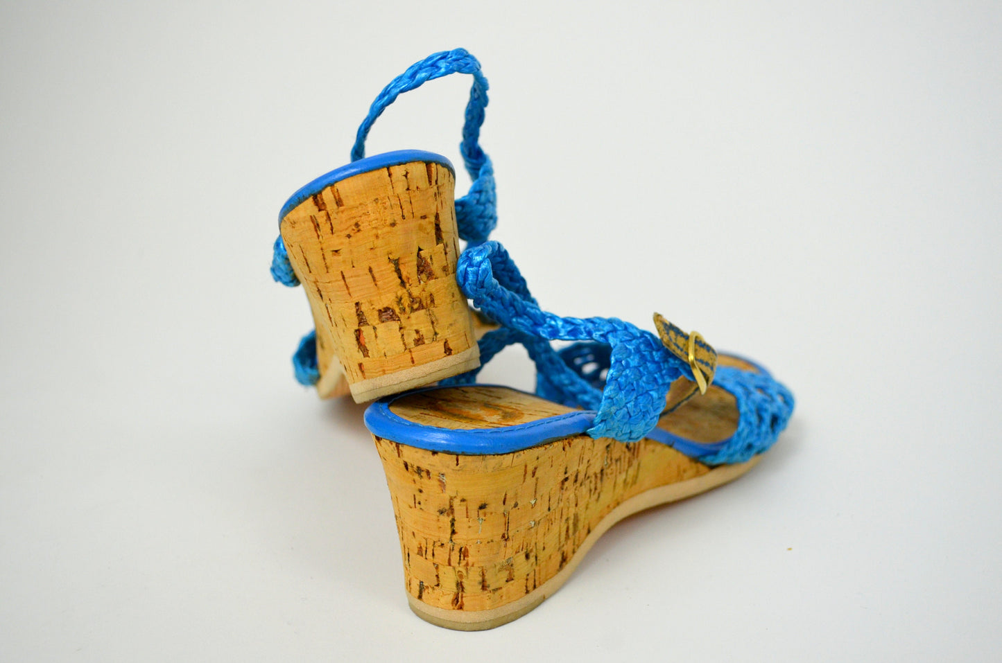 size 8 Vtg 1970s Espadrilles Vintage Blue Wedge Sandals 70s Peep toe Cork Heels