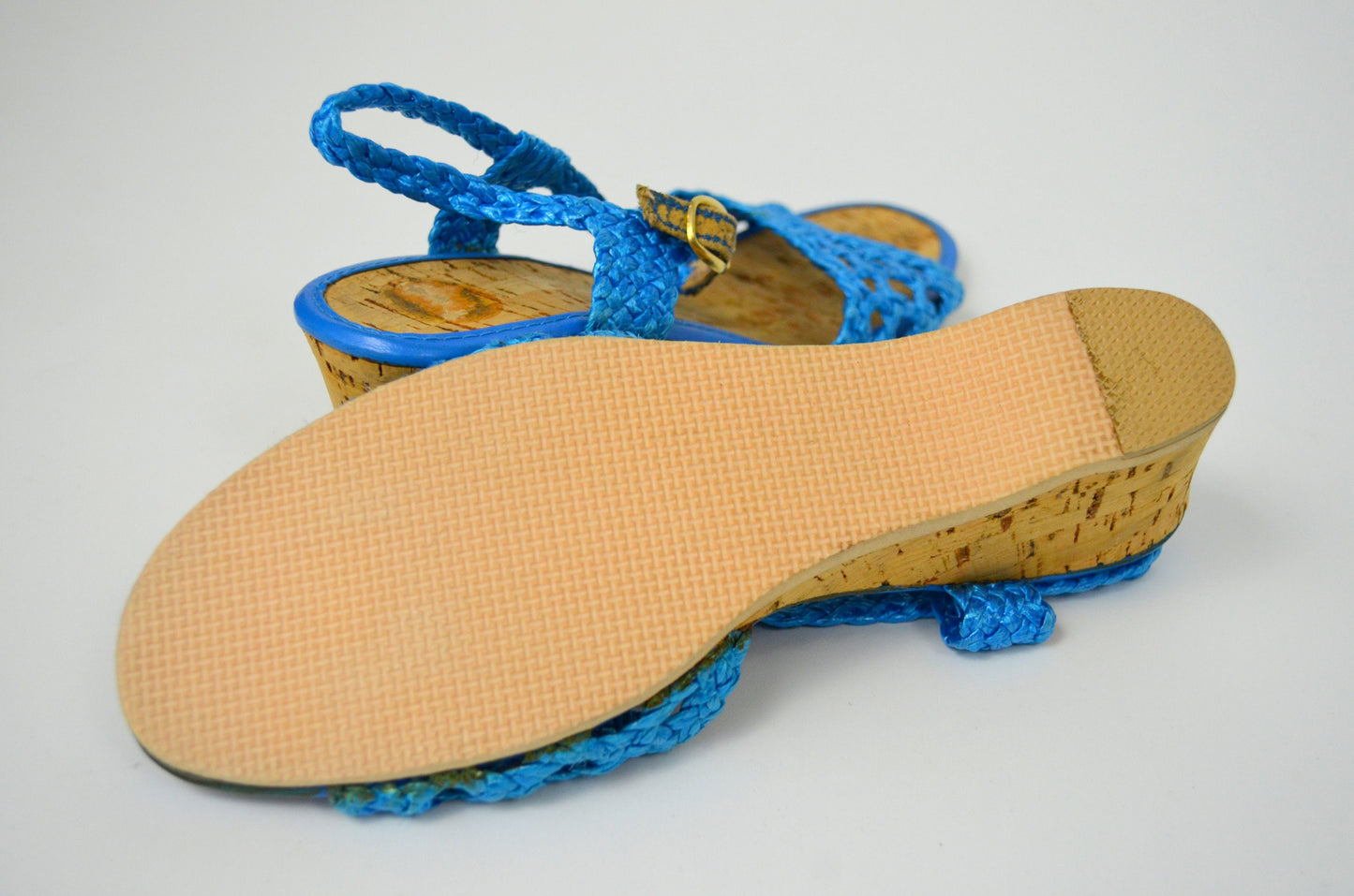 size 8 Vtg 1970s Espadrilles Vintage Blue Wedge Sandals 70s Peep toe Cork Heels