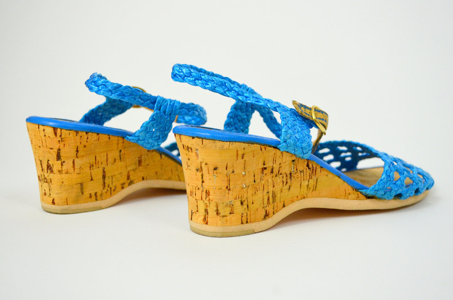 size 8 Vtg 1970s Espadrilles Vintage Blue Wedge Sandals 70s Peep toe Cork Heels