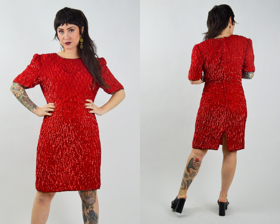 MEDIUM 1980s SILK Sequin Party Dress Vintage Red Valentines Day Dress 80s Beaded Mini Dress
