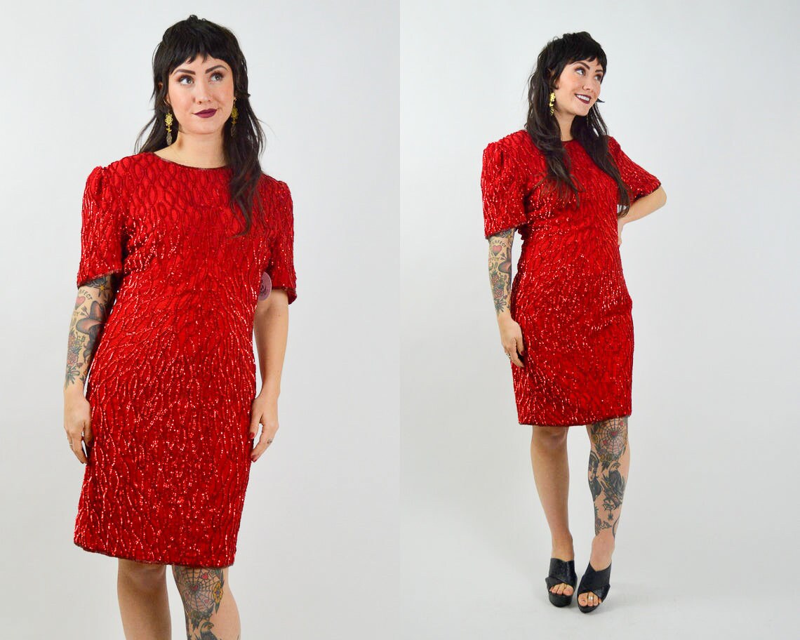 MEDIUM 1980s SILK Sequin Party Dress Vintage Red Valentines Day Dress 80s Beaded Mini Dress