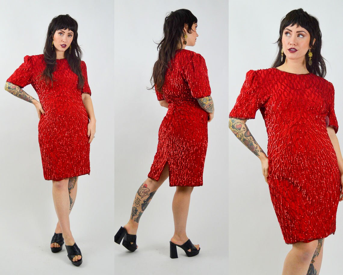 MEDIUM 1980s SILK Sequin Party Dress Vintage Red Valentines Day Dress 80s Beaded Mini Dress