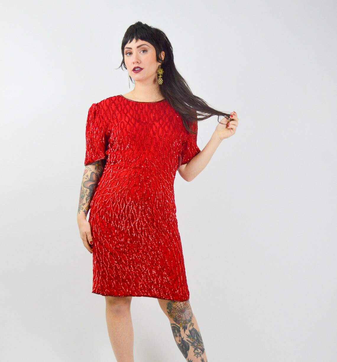 MEDIUM 1980s SILK Sequin Party Dress Vintage Red Valentines Day Dress 80s Beaded Mini Dress