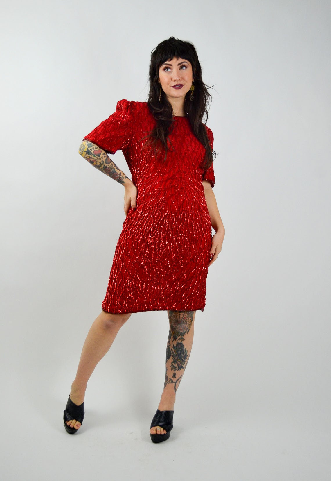 MEDIUM 1980s SILK Sequin Party Dress Vintage Red Valentines Day Dress 80s Beaded Mini Dress