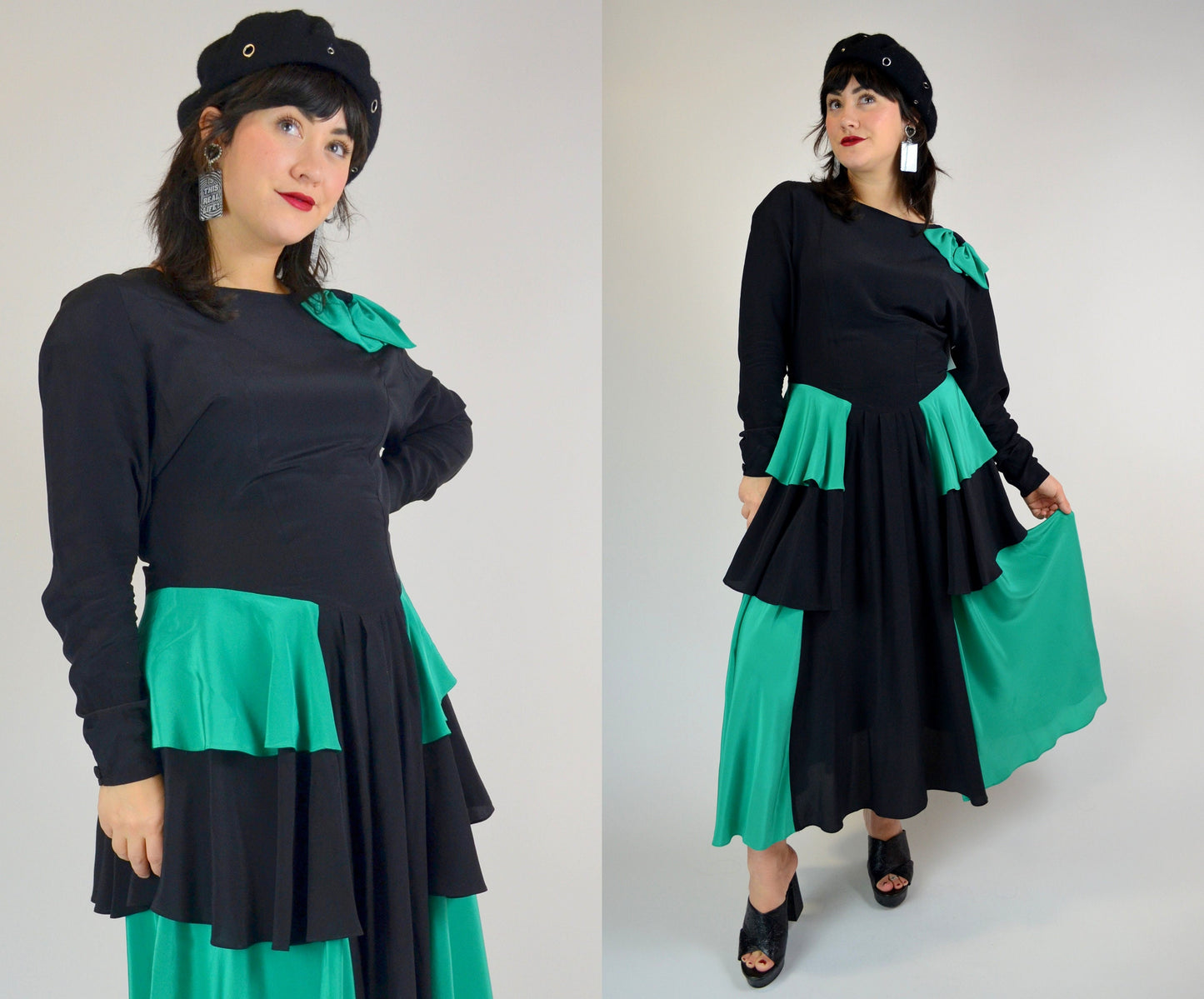 1980s Black And Teal SILK Dancing Dress - Medium
