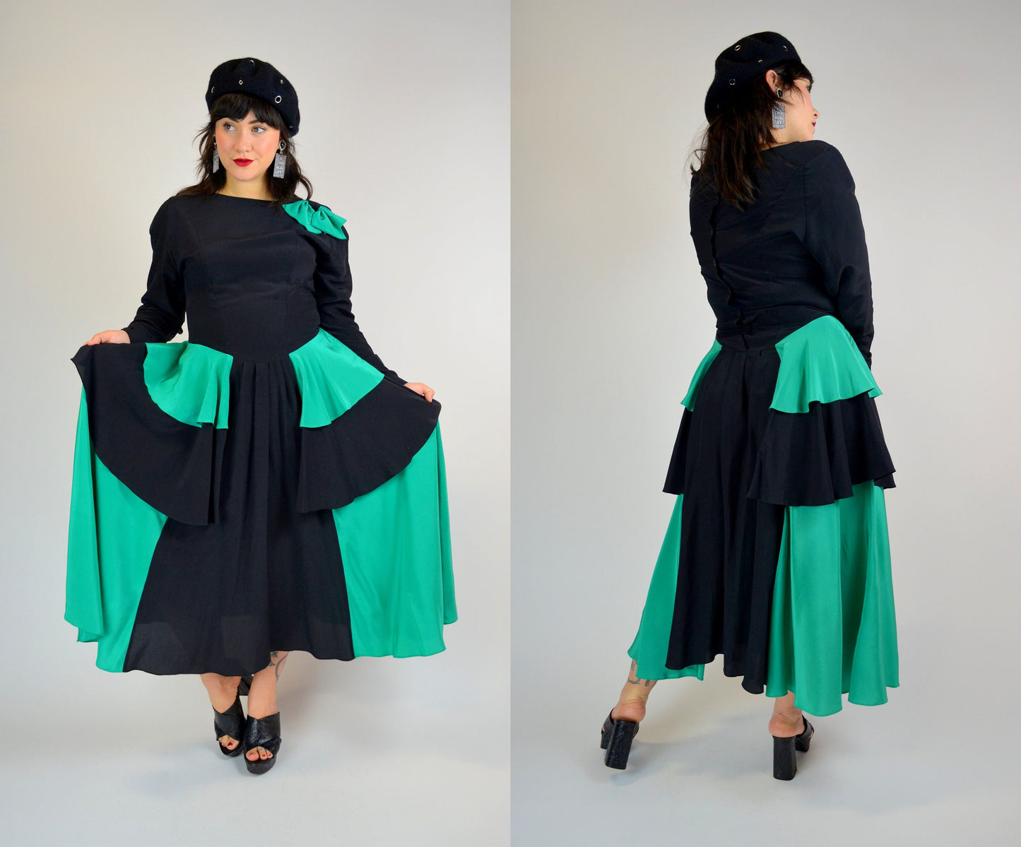 1980s Black And Teal SILK Dancing Dress - Medium