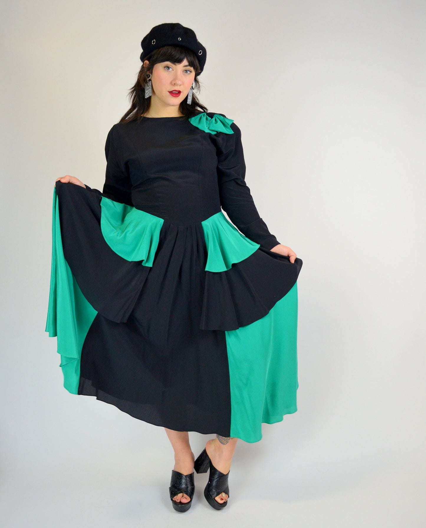 1980s Black And Teal SILK Dancing Dress - Medium