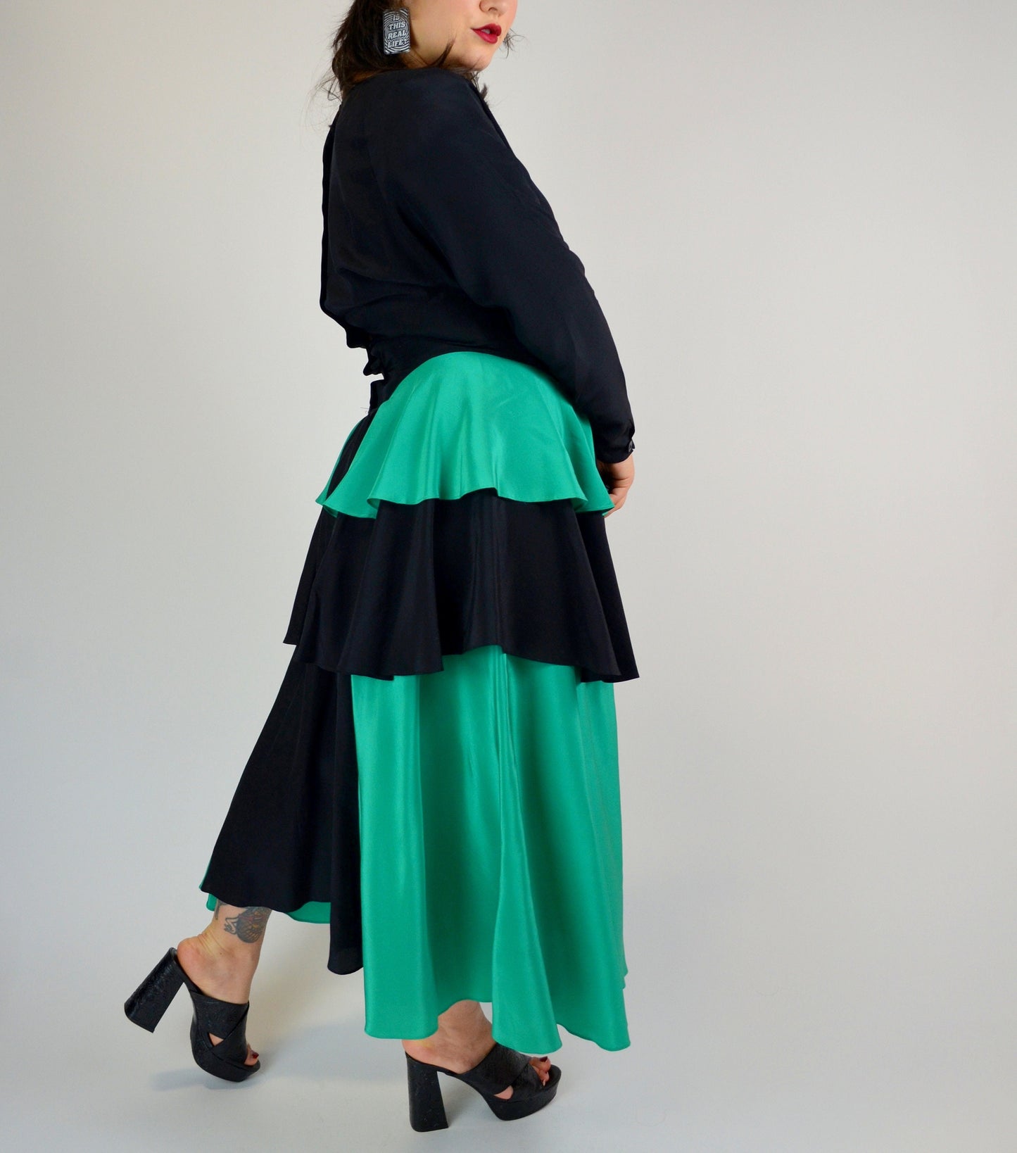 1980s Black And Teal SILK Dancing Dress - Medium
