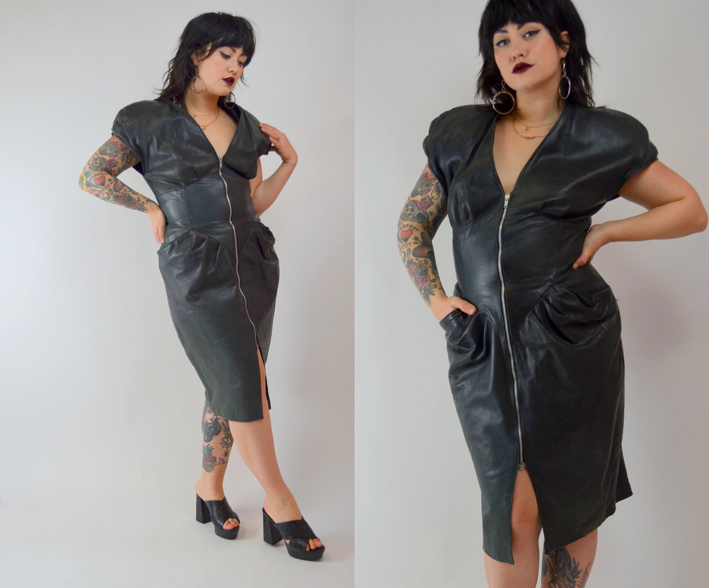 1980s LEATHER Wiggle Dress Vintage Black 80s Fitted Dress - MEDIUM