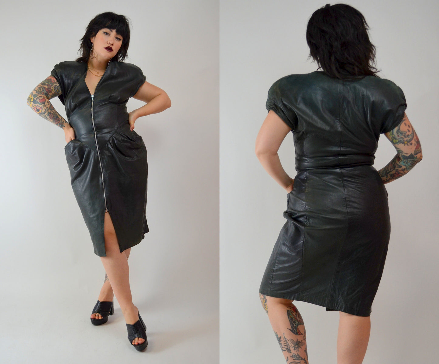 1980s LEATHER Wiggle Dress Vintage Black 80s Fitted Dress - MEDIUM